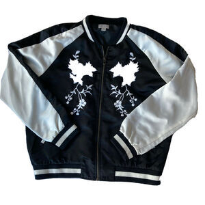 Belle Sky Jacket Sz L Zip Up Bomber Black White Embroidered Wool Cute Womens